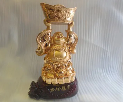 Phật Di Lạc vàng tay cầm dơi trên hủ kim nguyên bảo (lớn) FG149A