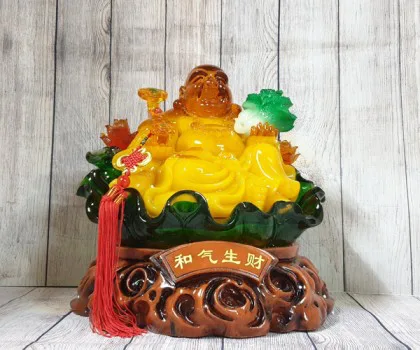 Phật di lạc cam vàng ngọc lưu ly tay cầm như ý bắp cải trên đế lá sen xanh ngọc khủng - Hoà Khí Sanh Tài LN186